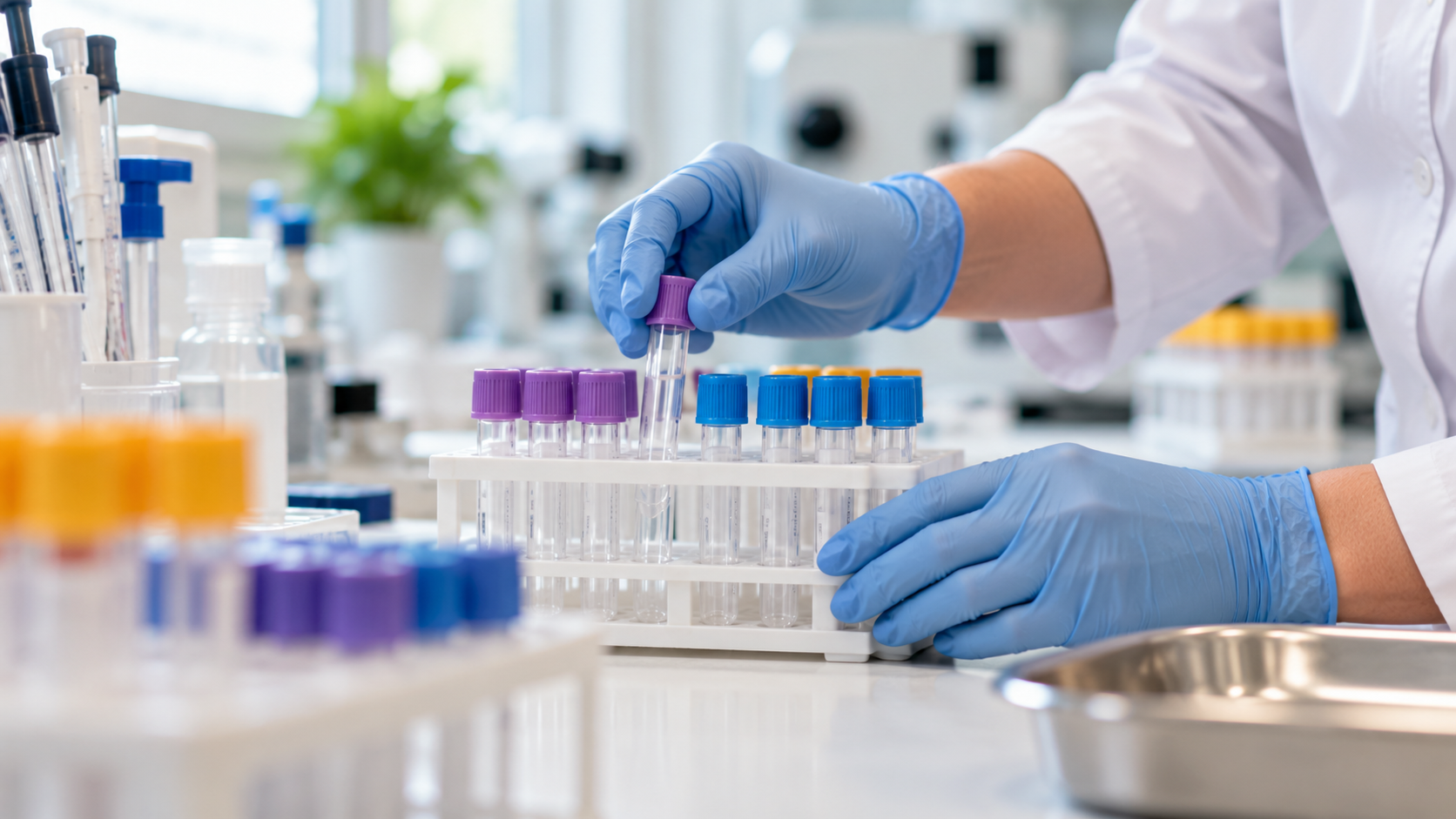 Kék kesztyűs kéz színes kupakú mintavételi csöveket rendez egy laboratóriumi állványban.